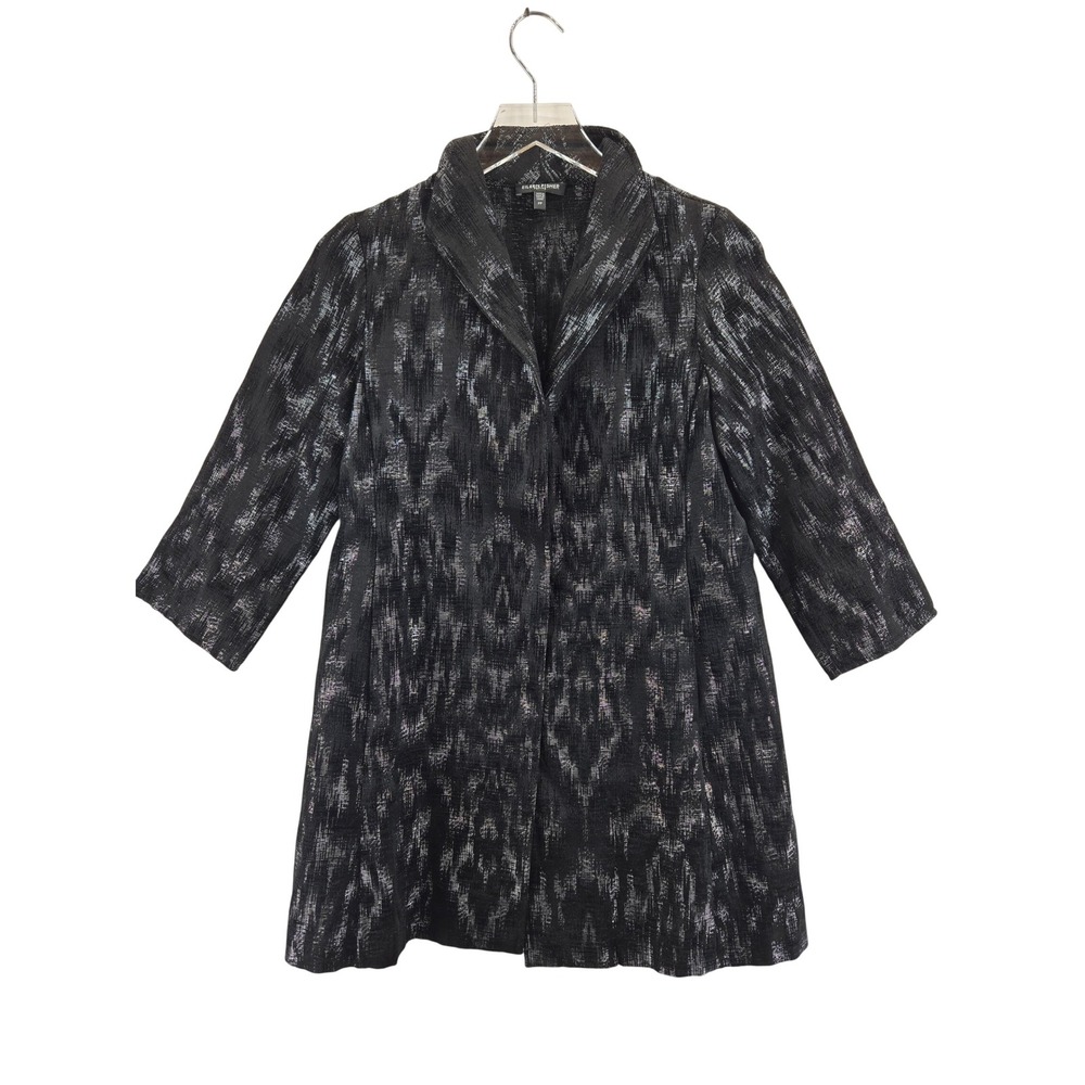 Eileen Fisher PP Petite Black Silver Ikat Jacquard Kimono Jacket 3/4 Sleeve - Picture 2 of 11